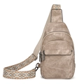 Beige faux leather crossbody chest bag with adjustable patterned woven strap - Khaki