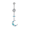 Macro detail of silver navel ring with zircon star and blue moon charms on white background - 2749 Steel Color Star Moon