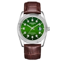Men's business watch featuring a green sunburst dial and brown crocodile leather strap - Brown Strap Silver Case Green Dial Men