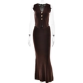 Detail of dark brown knit set with gold buttons on the vest and slim-fit maxi skirt - S / Brown