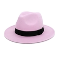 Pink wool felt jazz fedora hat with a flat brim and black decorative ribbon band - One Size / Lavender
