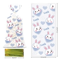 Detailed view of cartoon bunny gift bags with dimensions and gold twist ties - Cute Rabbit