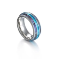 Polished tungsten carbide ring with blue line inlay and iridescent abalone shell finish - US 8 / Silver