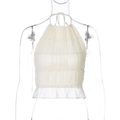 Detail of cream halter top featuring pleated ruffles and delicate lace trim layers - S / Apricot