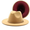 Detail of wool fedora showing two-tone camel and wine red interior with leather band - Camel & Wine Red