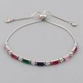Silver adjustable bracelet with colorful rectangular gemstones and crystal accents - Mixed Baguette & Round Zircon Style (SL0006) / Silver