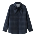 Camicia da donna in popeline a quadri a maniche lunghe con colletto con fiocco blu - XS / Blu a Quadri