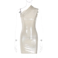 Detail of champagne gold one-shoulder mini dress with metallic shiny fabric and slim fit - S / Apricot