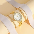 Elegant women's gold quartz watch and diamond-studded bracelet set with white dial - Gold Set (bow Box)