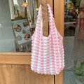 Pink and white striped bubble texture tote bag with popcorn fabric and integrated handle - Pink White