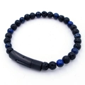 Tiger eye and lava stone beaded bracelet for men with black steel magnetic clasp - Black Lava Stone With Blue Tiger Eye (KB204624-SJ)
