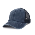 Distressed dark blue washed baseball cap with ponytail opening and black mesh back - Navy Blue
