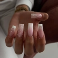 French gradient press-on nails with long square shape and rhinestone accents on hand - Pink Gradient Butterfly Rhinestone Style (JP2712)