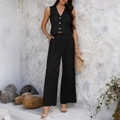 Women's 2-piece black suit with three-button vest and wide-leg trousers in textured fabric - S / Black