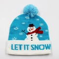 Blue LED knitted Christmas hat with snowman pattern and Let It Snow text embroidery - Hat Style 42 (Blue Snowman)