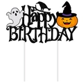Glittery Happy Birthday cake topper with Halloween ghost, pumpkin, and crow theme - Big Happy Birthday Cake Topper