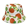 Detail of white bucket hat with green kiwi fruit print and floral patterns on cotton fabric - M (56-58cm) / Kiwi White