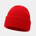 Close-up of bright red ribbed knit texture and cuffed brim of the warm winter beanie - One Size / Red