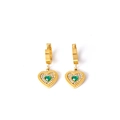 Elegant gold heart earrings with green gemstone and white crystal pavé setting - Ear Buckle