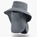 Men's grey outdoor sun hat with wide brim, detachable face mask and neck protection - Dark Gray