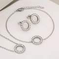 Silver stainless steel jewelry set with circular crystal studded necklace and earrings - Set / Steel + White Stone