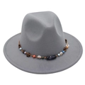Detail of grey felt fedora featuring colorful ethnic beads and bronze flower charms - One Size / Light Grey (Obsidian Decoration)