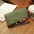 Grass green long faux leather zipper wallet with pebble texture and wrist strap - Grass Green