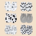 6-pair pack of soft cotton newborn anti-scratch mittens with diverse gray and black prints - One Size / 6 Pairs Set H (Star/Spot/Leopard/Cat/Curve) / Elastic Cuff (0-1 Year)