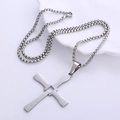 Collana con croce a cerniera in acciaio inossidabile lucido con testo inciso su vassoio - Color Acciaio (Con Catena)