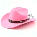 Détail du chapeau de cowboy rose en suédine avec bande en cuir et pierres turquoise - M (56-58cm) / Magenta