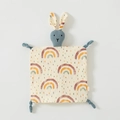 Blue rabbit cotton baby security blanket with colorful rainbow pattern and knotted corners - Rainbow Rain (Floral Rabbit)