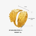 Adjustable wings ring in gold stainless steel with detailed feather texture - Wing Shape / Gold