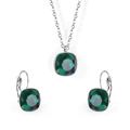 Elegant silver chain jewelry set with square emerald green zircon necklace and earrings - Steel-Emerald Green Crystal