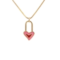 Gold plated heart pendant necklace with pink and red enamel details on box chain - Pink Red Enamel Lock