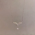 Silver pearl titanium steel necklace with zircon-encrusted wings pendant and droplet stone - X1872 Silver - Crown Main Diamond