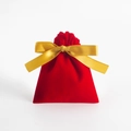 Elegant red velvet drawstring gift bag with decorative golden satin ribbon bow - 7x9cm / Red With Gold Ribbon