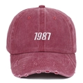 Casquette de baseball rouge délavée vintage avec broderie 1987 et bord usé - Bordeaux Distressed