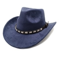Detail of navy faux suede cowboy hat showing textured brim and brown leather band - M (56-58cm) / Navy Blue