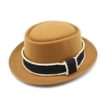 Detail of camel wool boater hat with black ribbon and delicate white bead embellishments - M(56-58cm) / Khaki