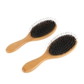 Set of two bamboo boar bristle hair brushes with natural wood handles on white background - Transparent Pins / Natural Wood Color
