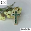 Cross pendant with 18k gold plating, green square zircon, and 16x24mm dimensions - C2-Green Center Stone Cross (16*24MM)