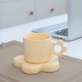 Beige ceramic coffee mug with floral handle and matching flower saucer set - Flower Cup & Saucer - Apricot