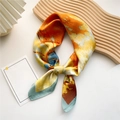 Abstract silk square scarf with yellow and orange oil painting print tied in a knot - Oil Painting Maple Tree