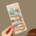 Macaron blue hair clips set with cute bear, strawberry, and pearls, size approx. 5.5-6cm - #4#5198 Blue Bear 5-piece Set
