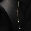 Elegant gold Y-shaped necklace with dual freshwater pearls and paperclip chain - Simple Knot Adjustable Necklace