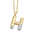 Collier avec pendentif lettre H bicolore or et argent, texture martelée et zircons - Lettre H