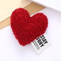Macro shot of red plush heart accessory with soft teddy fleece texture and brand label - Burgundy