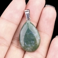 Natural moss agate stone water drop pendant with silver metal bail on black background - Indian Agate (1pc)