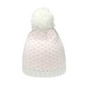 Knit beanie for women featuring pink heart patterns and a fluffy white pom-pom top - White (Pink Heart)