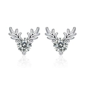 Macro detail of silver reindeer antler stud earrings with a bright round zircon stone - Antler Stud Earrings (ED19)